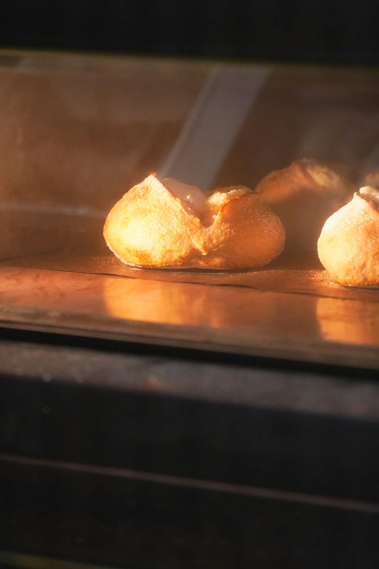 Freshly baked bread inside the oven.